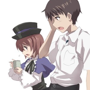 Rating: Safe Score: 0 Tags: 1boy 1girl brown_eyes brown_hair hat image long_sleeves open_mouth profile shirt smile solo souseiseki striped User: admin