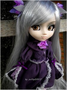 Rating: Safe Score: 0 Tags: 1girl artist_name barasuishou bow brown_eyes doll dress gothic_lolita hair_ornament lips lolita_fashion long_hair looking_at_viewer photo purple_bow solo traditional_media User: admin