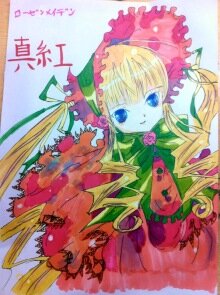 Rating: Safe Score: 0 Tags: 1girl blonde_hair blue_eyes bonnet bow bowtie dress drill_hair flower frills green_bow green_neckwear image long_hair long_sleeves looking_at_viewer red_dress rose shinku solo traditional_media User: admin