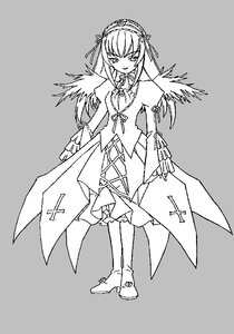 Rating: Safe Score: 0 Tags: 1girl boots dress eyebrows_visible_through_hair frills full_body grey_background greyscale hairband image lolita_hairband long_hair long_sleeves looking_at_viewer monochrome ribbon solo standing suigintou wings User: admin