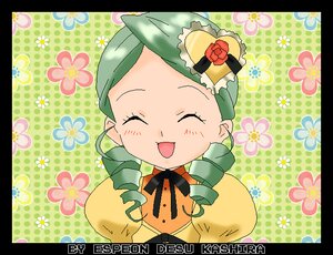Rating: Safe Score: 0 Tags: 1girl ^_^ black_border blush border circle_cut closed_eyes drill_hair flower green_hair hat image kanaria letterboxed mini_hat open_mouth pillarboxed smile solo twin_drills windowboxed User: admin