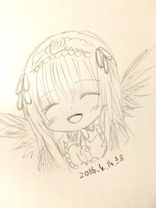 Rating: Safe Score: 0 Tags: 1girl :d bangs blush closed_eyes dress eyebrows_visible_through_hair facing_viewer flower happy image long_hair monochrome open_mouth photo simple_background smile solo suigintou traditional_media User: admin