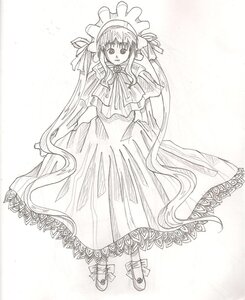 Rating: Safe Score: 0 Tags: 1girl auto_tagged bonnet bow bowtie capelet dress frills full_body greyscale image long_dress long_hair long_sleeves looking_at_viewer monochrome shinku solo standing striped twintails very_long_hair User: admin