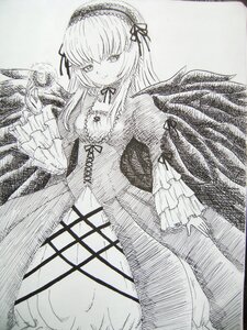 Rating: Safe Score: 0 Tags: 1girl dress feathered_wings feathers flower frills greyscale hairband image long_hair long_sleeves looking_at_viewer monochrome ribbon rose smile solo suigintou traditional_media wings User: admin