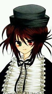 Rating: Safe Score: 0 Tags: 1girl brown_hair frills green_eyes hat heterochromia image long_sleeves looking_at_viewer m1umr red_eyes simple_background solo souseiseki white_background User: admin