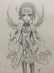 Rating: Safe Score: 0 Tags: 1girl dress eyebrows_visible_through_hair frills greyscale hairband image long_sleeves looking_at_viewer monochrome ribbon sketch sleeves_past_wrists solo standing suigintou traditional_media wings User: admin