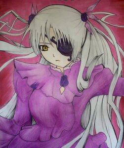 Rating: Safe Score: 0 Tags: 1girl barasuishou dress eyepatch flower frills frown hair_ornament image long_hair long_sleeves purple_dress solo traditional_media two_side_up upper_body very_long_hair yellow_eyes User: admin