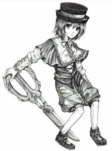 Rating: Safe Score: 0 Tags: 1girl capelet full_body greyscale hat image long_sleeves looking_at_viewer monochrome ribbon shoes short_hair solo souseiseki standing traditional_media User: admin