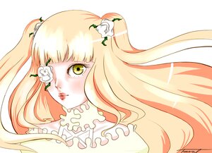 Rating: Safe Score: 0 Tags: 1girl bangs blonde_hair blush flower hair_flower hair_ornament image kirakishou long_hair simple_background solo striped white_flower yellow_eyes User: admin