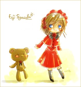 Rating: Safe Score: 0 Tags: 1girl blonde_hair blue_eyes bow dress flower full_body image long_sleeves red_dress red_flower red_rose rose shinku smile solo standing striped stuffed_animal User: admin