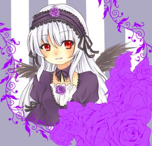 Rating: Safe Score: 0 Tags: 1girl dress flower frills hairband image long_hair long_sleeves looking_at_viewer purple_flower purple_rose red_eyes rose silver_hair solo suigintou User: admin