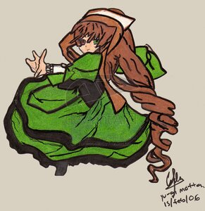 Rating: Safe Score: 0 Tags: 1girl brown_hair dated dress full_body green_dress green_eyes head_scarf image long_hair long_sleeves looking_at_viewer looking_back signature simple_background smile solo suiseiseki very_long_hair User: admin