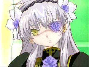 Rating: Safe Score: 0 Tags: 1girl barasuishou eyepatch flower hair_ornament image long_hair looking_at_viewer purple_flower rose silver_hair solo yellow_eyes User: admin