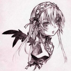 Rating: Safe Score: 0 Tags: 1girl blush eyebrows_visible_through_hair frills graphite_(medium) hairband image long_hair looking_at_viewer monochrome ribbon simple_background solo suigintou traditional_media upper_body wings User: admin