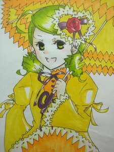 Rating: Safe Score: 0 Tags: 1girl autumn_leaves dress flower frills green_eyes green_hair hair_ornament image juliet_sleeves kanaria leaf long_sleeves looking_at_viewer maple_leaf marker_(medium) puffy_sleeves red_flower rose shikishi short_hair smile solo traditional_media yellow_dress User: admin