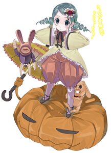 Rating: Safe Score: 0 Tags: 1girl dress drill_hair full_body green_eyes green_hair hair_ornament heart heart_hair_ornament image jack-o'-lantern kabocha_(monkey4) kanaria long_sleeves looking_at_viewer puffy_pants rozen_maiden simple_background solo standing striped twin_drills twintails umbrella white_background User: admin