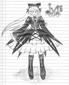 Rating: Safe Score: 0 Tags: 1girl boots bow cross-laced_footwear dress full_body greyscale image long_hair monochrome solo standing suigintou User: admin