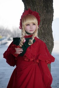 Rating: Safe Score: 0 Tags: 1girl bangs blonde_hair blue_eyes bonnet braid capelet dress flower long_hair long_sleeves red_capelet red_dress shinku solo standing User: admin