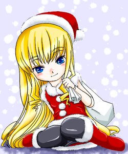 Rating: Safe Score: 0 Tags: 1girl black_legwear blonde_hair blue_eyes blush boots hat image knee_boots long_hair pantyhose sack santa_costume santa_hat shinku sitting smile solo striped striped_background wariza User: admin