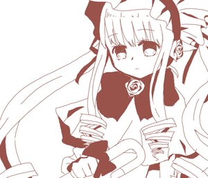 Rating: Safe Score: 0 Tags: 1girl blush bonnet bow dress drill_hair flower image long_hair long_sleeves monochrome rose shinku sidelocks simple_background solo twin_drills twintails white_background User: admin