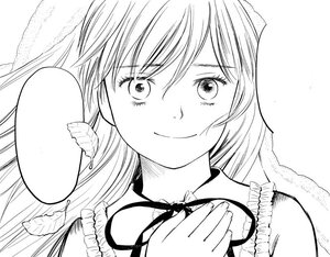 Rating: Safe Score: 0 Tags: 1girl blush closed_mouth food greyscale hair_between_eyes image lineart long_hair looking_at_viewer monochrome smile solo suiseiseki upper_body wings User: admin