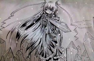 Rating: Safe Score: 0 Tags: 1girl barasuishou dress greyscale holding image long_hair looking_at_viewer monochrome solo standing traditional_media very_long_hair User: admin