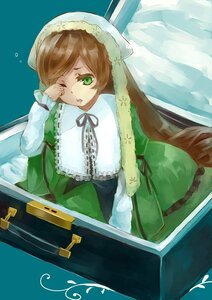 Rating: Safe Score: 0 Tags: 1girl bangs brown_hair dress frills green_dress green_eyes head_scarf image long_hair long_sleeves one_eye_closed open_mouth solo suiseiseki very_long_hair User: admin