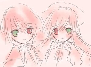 Rating: Safe Score: 0 Tags: 1girl blush green_eyes heterochromia image long_hair long_sleeves looking_at_viewer monochrome neck_ribbon pair red_eyes ribbon simple_background sisters smile souseiseki suiseiseki User: admin