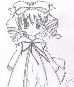 Rating: Safe Score: 0 Tags: 1girl auto_tagged blush bow dated dress drill_hair eyebrows_visible_through_hair greyscale hina_ichigo hinaichigo image long_sleeves looking_at_viewer monochrome ribbon signature simple_background solo traditional_media white_background User: admin