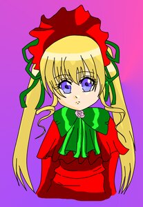 Rating: Safe Score: 0 Tags: 1girl blonde_hair blue_eyes bonnet bow bowtie dress flower green_bow green_neckwear image long_hair long_sleeves looking_at_viewer pink_background purple_background red_dress shinku simple_background solo upper_body User: admin