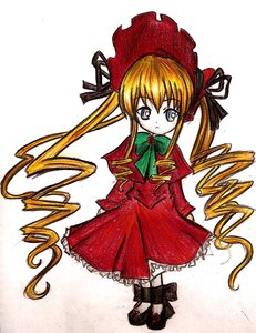 Rating: Safe Score: 0 Tags: 1girl black_footwear blonde_hair blue_eyes bonnet bow bowtie dress drill_hair full_body green_bow green_neckwear hat image long_hair long_sleeves looking_at_viewer red_dress shinku sidelocks simple_background solo standing traditional_media twin_drills twintails very_long_hair white_background User: admin