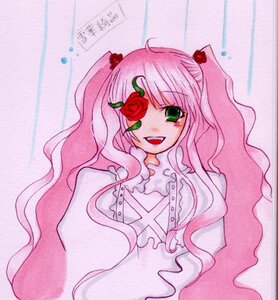 Rating: Safe Score: 0 Tags: 1girl :d bangs dress flower hair_flower hair_ornament image kirakishou long_hair looking_at_viewer open_mouth pink_hair plant red_flower red_rose rose smile solo thorns traditional_media upper_body vines User: admin