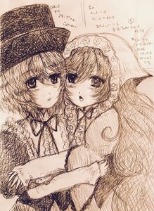 Rating: Safe Score: 0 Tags: 2girls bonnet hat head_scarf image long_hair looking_at_viewer monochrome multiple_girls pair short_hair siblings sisters sketch souseiseki suiseiseki traditional_media twins User: admin
