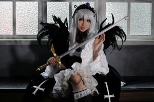 Rating: Safe Score: 0 Tags: 1girl dress flower frills gothic_lolita lolita_fashion long_hair silver_hair sitting solo suigintou sword thighhighs weapon User: admin