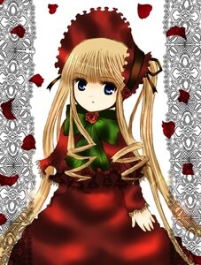 Rating: Safe Score: 0 Tags: 1girl blonde_hair blue_eyes bonnet bow bowtie dress flower green_bow green_neckwear image long_hair long_sleeves looking_at_viewer red_dress red_flower rose shinku sidelocks solo twintails white_background User: admin
