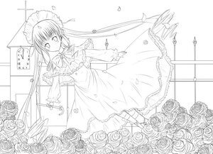 Rating: Safe Score: 0 Tags: 1girl apron dress flower frills greyscale image juliet_sleeves lineart long_sleeves looking_at_viewer monochrome petals rose shinku solo User: admin