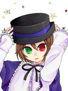 Rating: Safe Score: 0 Tags: 1girl black_ribbon brown_hair bug butterfly frills green_eyes hat heterochromia image insect long_sleeves looking_at_viewer neck_ribbon red_eyes ribbon short_hair solo souseiseki star_(symbol) striped striped_background suiseiseki top_hat upper_body User: admin