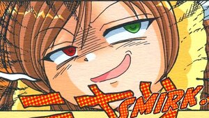Rating: Safe Score: 0 Tags: 1girl :d brown_hair close-up face green_eyes image open_mouth red_eyes solo suiseiseki User: admin