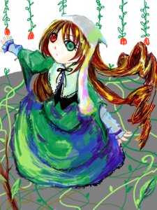Rating: Safe Score: 0 Tags: 1girl brown_hair dress frills full_body green_dress green_eyes head_scarf heterochromia image long_hair long_sleeves looking_at_viewer plant red_eyes solo suiseiseki very_long_hair vines watering_can User: admin