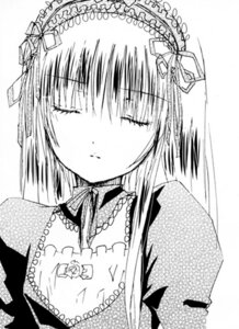 Rating: Safe Score: 0 Tags: 1girl blush closed_eyes closed_mouth greyscale hairband image monochrome ribbon simple_background solo suigintou traditional_media upper_body white_background User: admin