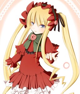 Rating: Safe Score: 0 Tags: 1girl blonde_hair blue_eyes blush bow bowtie capelet cowboy_shot dress flower frills image long_hair long_sleeves looking_at_viewer red_dress rose shinku solo striped_background twintails very_long_hair User: admin