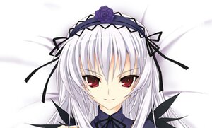 Rating: Safe Score: 0 Tags: 1girl black_ribbon closed_mouth flower frills hair_ribbon hairband image lolita_hairband long_hair looking_at_viewer red_eyes ribbon rose silver_hair simple_background smile solo suigintou white_background wings User: admin