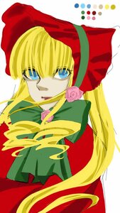 Rating: Safe Score: 0 Tags: 1girl bangs blonde_hair blue_eyes bonnet bow bowtie capelet dress flower image long_hair long_sleeves looking_at_viewer pink_flower pink_rose rose shinku simple_background solo User: admin