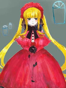 Rating: Safe Score: 0 Tags: 1girl blonde_hair blue_eyes blush bonnet bow dress image long_hair long_sleeves looking_at_viewer red_dress shinku simple_background solo traditional_media twintails very_long_hair User: admin