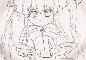 Rating: Safe Score: 0 Tags: 1girl bangs blush closed_mouth dress eyebrows_visible_through_hair frills frown image long_hair looking_at_viewer monochrome photo ribbon rose shinku simple_background solo traditional_media upper_body white_background User: admin