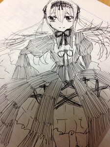 Rating: Safe Score: 0 Tags: 1girl blush closed_mouth dress eyebrows_visible_through_hair hair_between_eyes hairband image lolita_hairband long_hair long_sleeves looking_at_viewer monochrome ribbon sketch solo suigintou very_long_hair User: admin