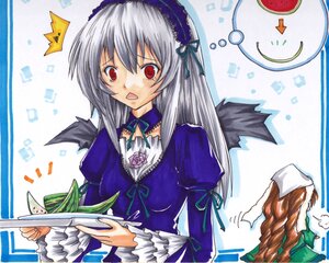 Rating: Safe Score: 0 Tags: 2girls black_wings dress food frills fruit image juliet_sleeves long_hair long_sleeves multiple_girls open_mouth red_eyes silver_hair solo suigintou suiseiseki upper_body wings User: admin