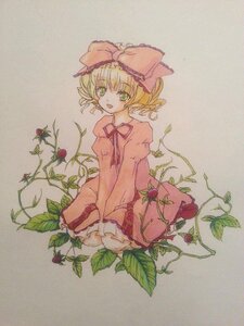 Rating: Safe Score: 0 Tags: 1girl blonde_hair bow dress flower food fruit green_eyes hat hina_ichigo hinaichigo image juliet_sleeves leaf long_sleeves looking_at_viewer open_mouth pink_bow plant smile solo traditional_media vines watercolor_(medium) User: admin