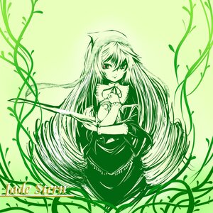 Rating: Safe Score: 0 Tags: 1girl bamboo bamboo_forest capelet crossed_arms dress eyebrows_visible_through_hair green_background green_theme image leaf long_hair long_sleeves looking_at_viewer monochrome plant solo standing suiseiseki very_long_hair vines User: admin