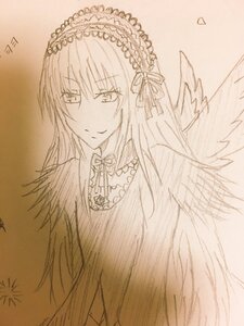 Rating: Safe Score: 0 Tags: 1girl dress feathered_wings flower hairband image long_hair long_sleeves looking_at_viewer monochrome ribbon simple_background smile solo suigintou traditional_media upper_body very_long_hair wings User: admin